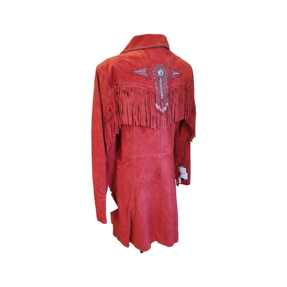 Scully NWT Red Long Leather Suade Jacket With Fringe & Silver Embellishments XXL - Picture 2 of 12